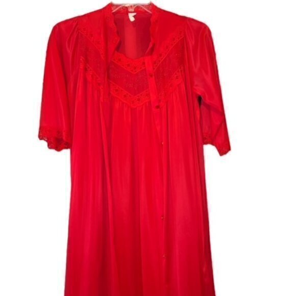 Vintage 70's 80's House Coat Red Button Up with Nightgown Embroidered Lace SHEER - Picture 1 of 10